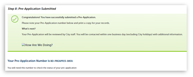 Step 8 Pre-Application Submitted